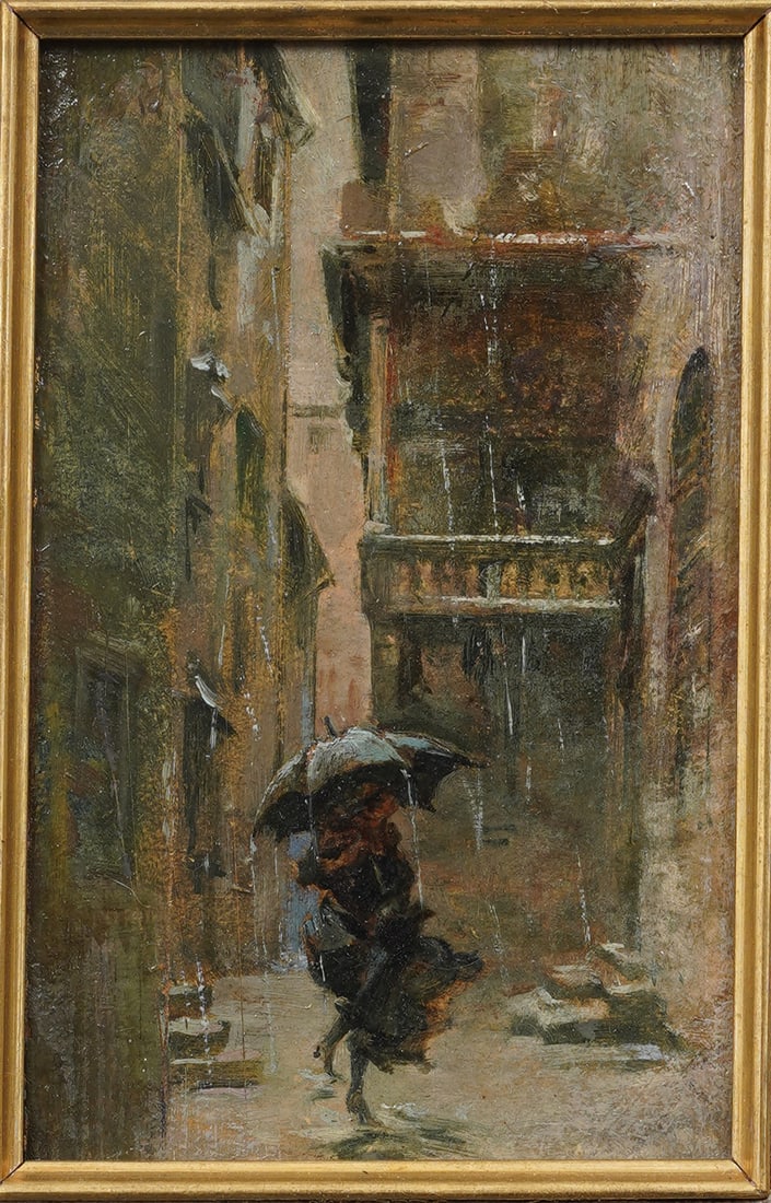 Antique European Rainy Street Scene Framed Impressionist Oil Painting: Antique European rainy street scene oil painting. Oil on board. Framed. Measuring: 15 by 12 inches overall, and 5.5 by 3.5 painting alone. Please see all images for condition. Size is measured and wri