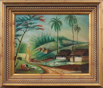 Antique Tropical Island Palm Tree Signed and Framed Landscape Oil Painting