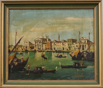 Antique European Venice Canal Signed Italian Cityscape Framed Original Oil Painting