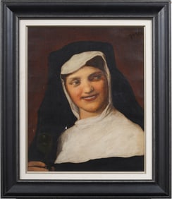 Antique European Genre Scene Nun Portrait Framed and Signed Original Oil Painting