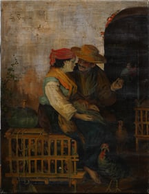 "Talking Turkey" Antique Italian Impressionist Signed Genre Scene Portrait Original Oil Painting