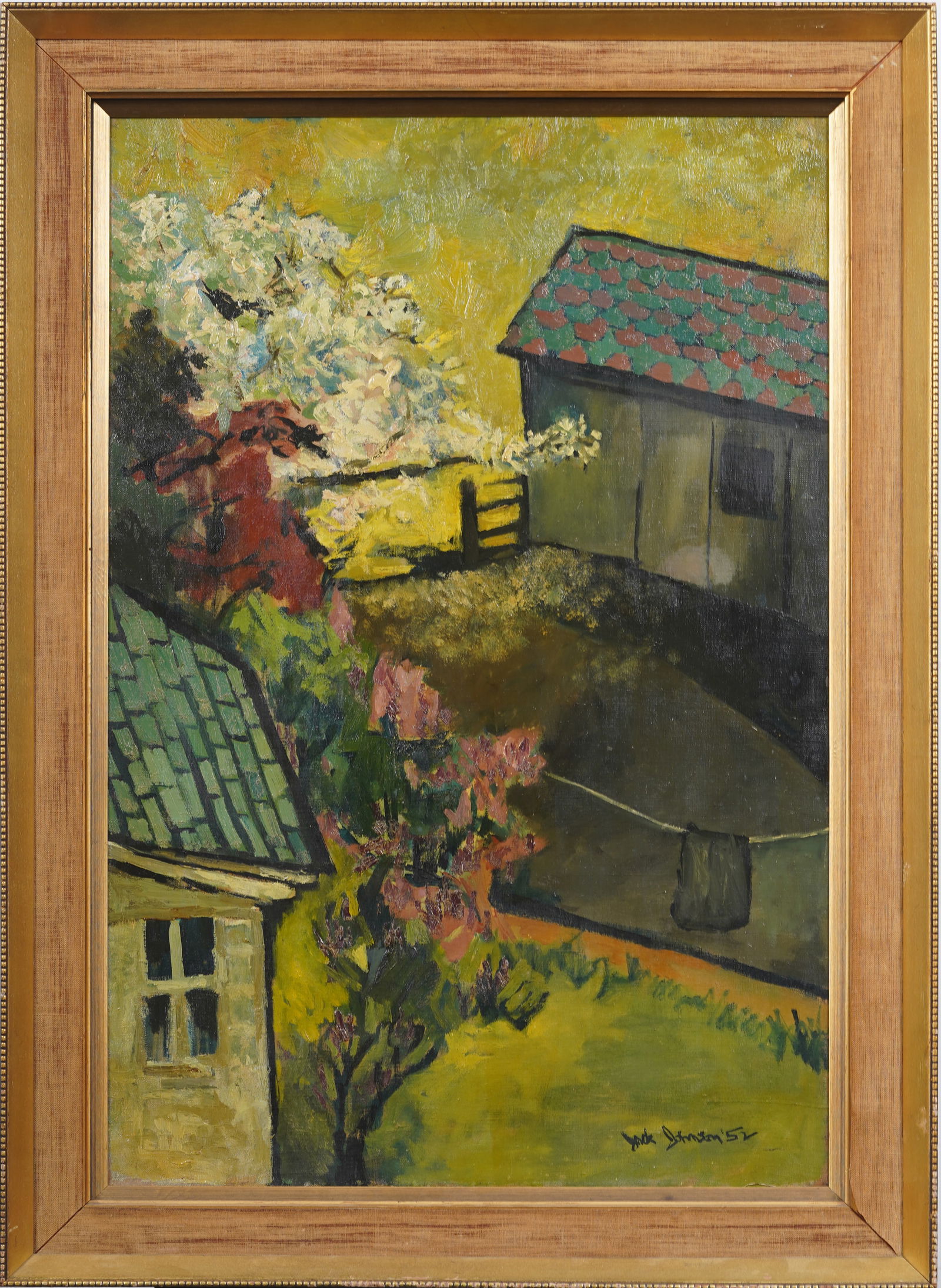 Jack Johnson Signed Antique American Cherry Blossom Modernist Landscape Framed Original Oil Painting: Antique American oil painting. Oil on canvas. Signed. Framed. Measuring: 36 by 25 inches overall, and 30 by 20 painting alone. Please see all images for condition. Size is measured and written on the