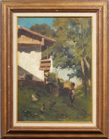 19th Century Antique American Bucolic Landscape Framed Chicken Grazing Long Island Oil Painting