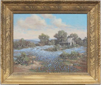 Signed Antique American Impressionist Texas Bluebonnet Framed Landscape Original Oil Painting