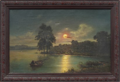Antique American Hudson River School Signed Moonlit Framed Landscape Oil Painting