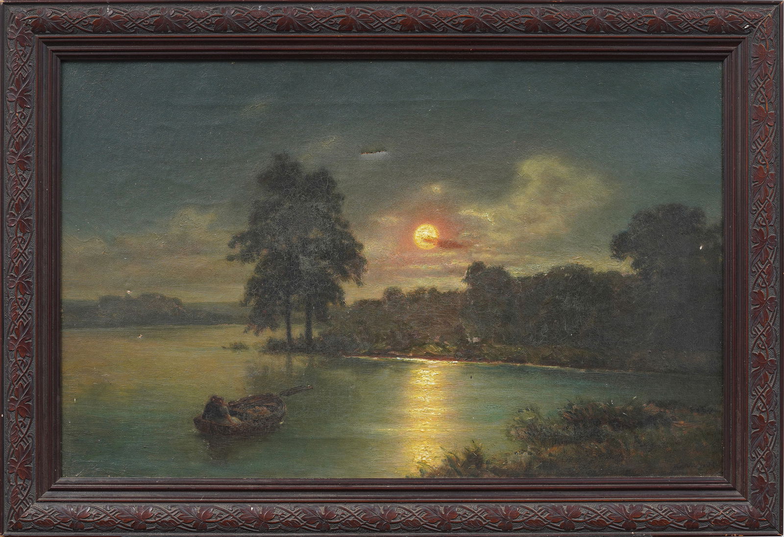 Antique American Hudson River School Signed Moonlit Framed Landscape Oil Painting (1 of 7)