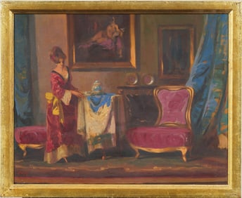 Antique American Impressionist Interior Scene Nicely Framed Original Oil Painting