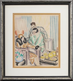 Antique French Modernist Family Portrait Art Deco Signed Framed Painting