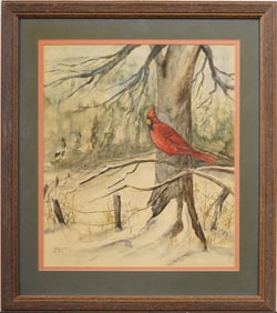 Cardinal in Winter Framed Antique American Bird Portrait Watercolor Painting