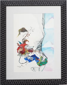 Signed Surreal Dog Portrait Framed Modernist Outsider Art Painting