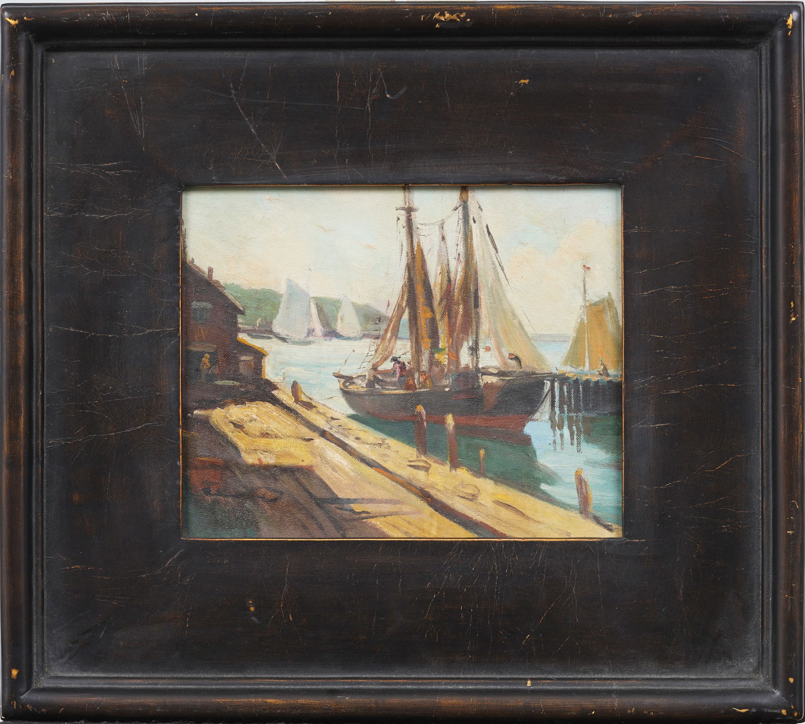 Antique American Impressionist Gloucester Harbor Seascape Framed Nautical Oil Painting (1 of 5)