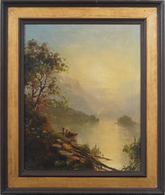 Antique American Hudson River School Signed Luminous Landscape Framed Oil Painting