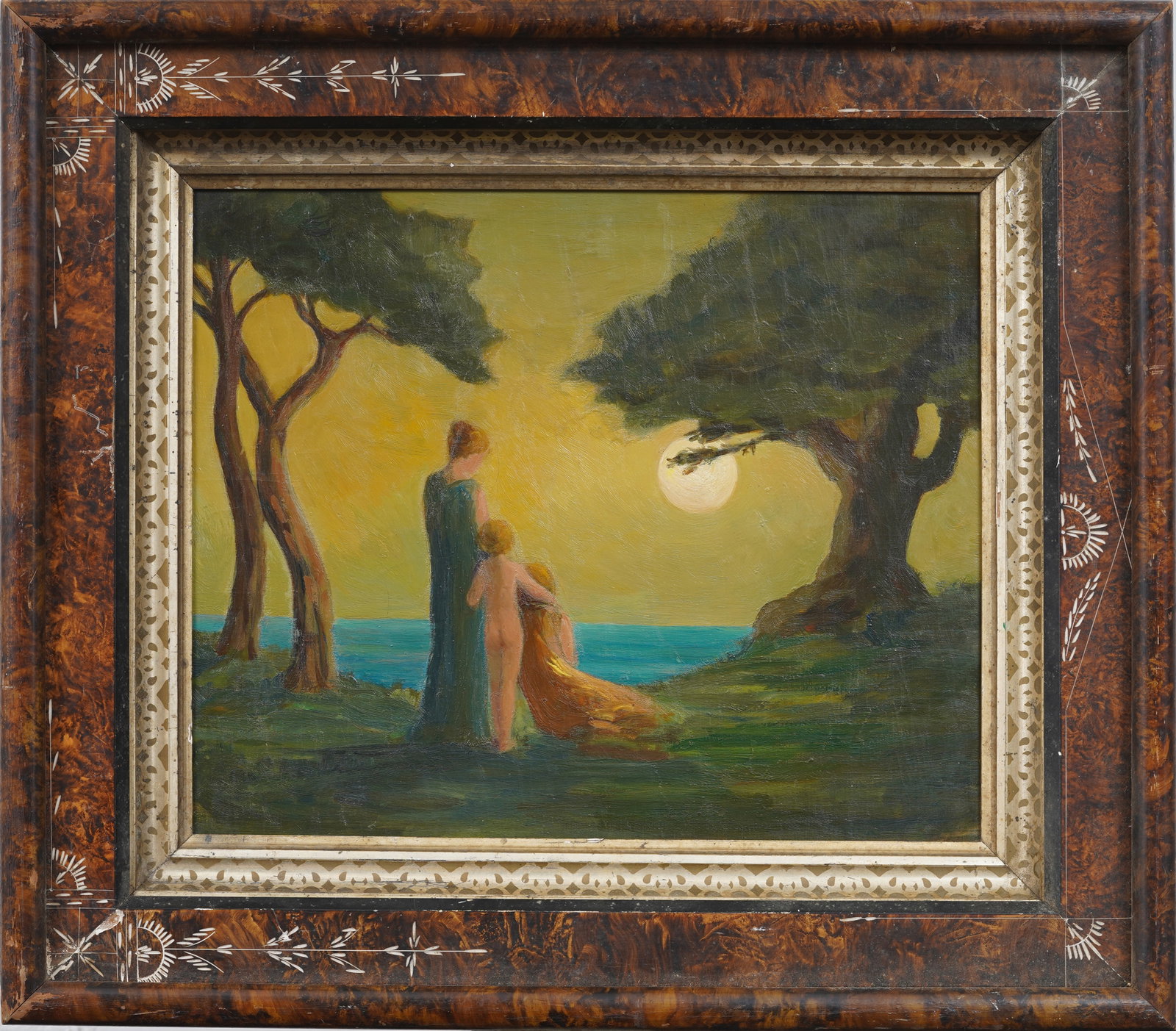 Katharine Beecher Stetson (1885 - 1979) Antique American Female Impressionist Moonrise Oil Painting: Antique American nocturnal oil painting by Katharine Beecher Stetson (1885 - 1979). Oil on canvas. Signed verso. Framed. Measuring: 21 by 25 inches overall, and 14 by 17 painting alone. Please see all