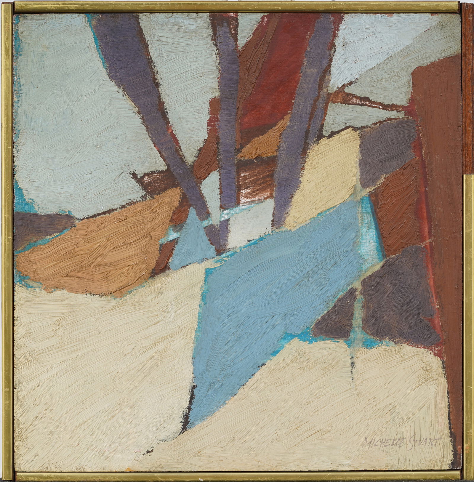 Michelle Stuart (b1940) Antique American Abstract Expressionist Framed Original Oil Painting: Antique American earth toned abstract oil painting. Oil on board. Signed. Framed. Measuring: 13 by 13 inches overall, and 12 by 11.5 painting alone. Please see all images for condition. Size is measur