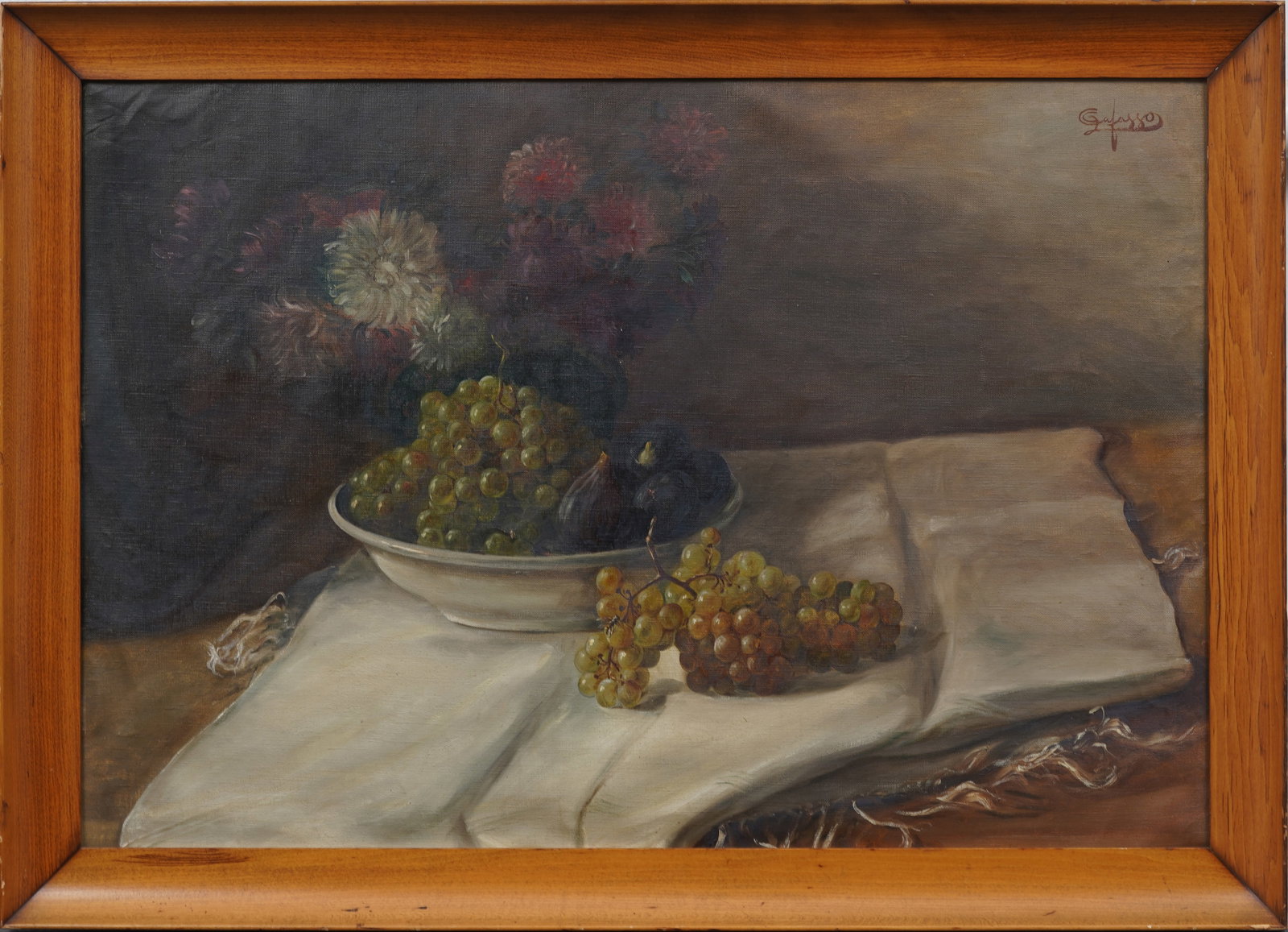 Antique American Impressionist Fruit and Flower Grape Still Life Signed Framed Large Oil Painting: Antique American impressionist still life oil painting. Oil on canvas. Signed. Framed. Measuring: 24 by 34 inches overall, and 20.5 by 30 painting alone. Please see all images for condition. Size is m