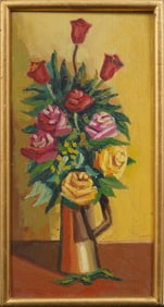 Antique American Modernist Flower Still Life Framed Oil Painting