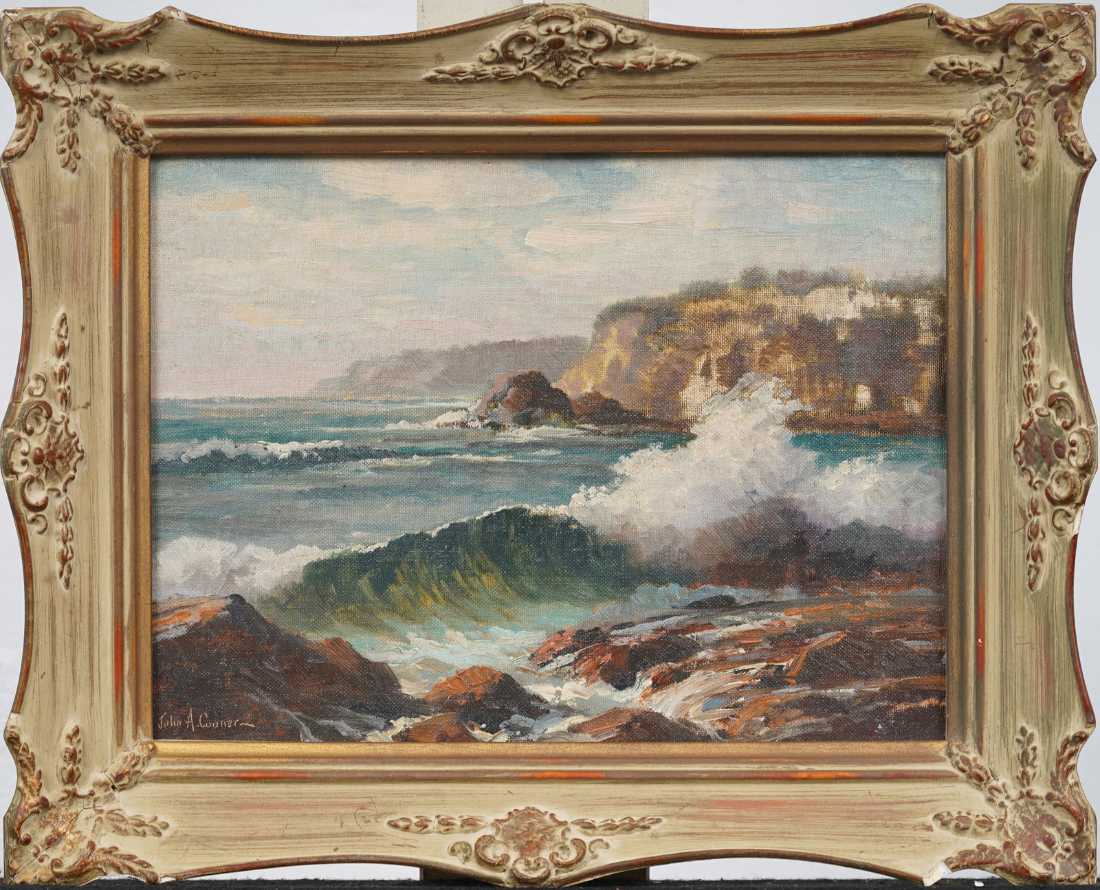 John Anthony Conner (1892-1971) Antique American Original Framed Seascape Oil Painting: Antique American impressionist California coastal oil painting. Oil on canvasboard. Signed. Framed. Measuring: 13 by 16 inches overall, and 9 by 12 painting alone. Please see all images for condition.