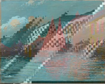 Antique Italian Impressionist Venice Cityscape Oil Painting