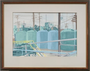 Antique American Industrial Modernist Cityscape Signed Framed Painting
