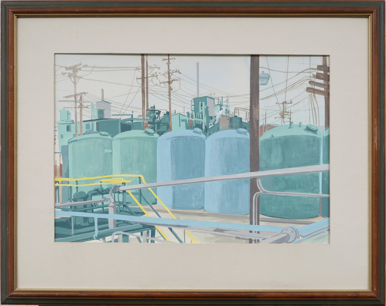 Antique American Industrial Modernist Cityscape Signed Framed Painting: Antique American modernist painting. Mixed media on board. Signed. Framed. Measuring: 18 by 23 inches overall, and 11 by 16 painting alone. Please see all images for condition. Size is measured and wr