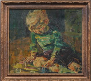 Antique American or German Impressionist Young Boy Portrait Signed Framed Original Oil Painting