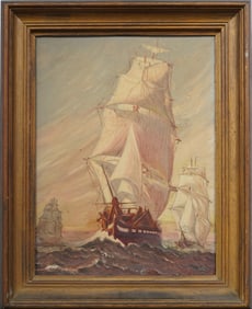 Antique American Impressionist Sunset Sailboat Seascape Framed Original Oil Painting