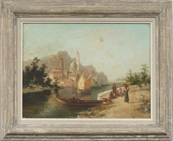 Antique Signed European 19th Century River Landscape Framed Original Oil Painting