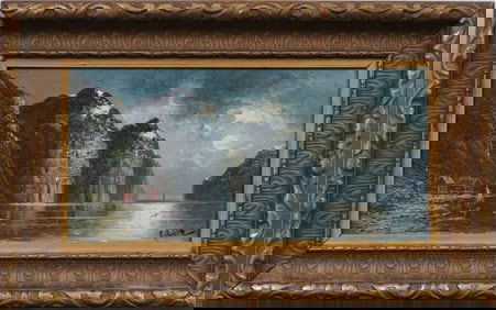 Antique European Mountain Landscape Signed Nocturnal Moonlit River Framed Original Oil Painting