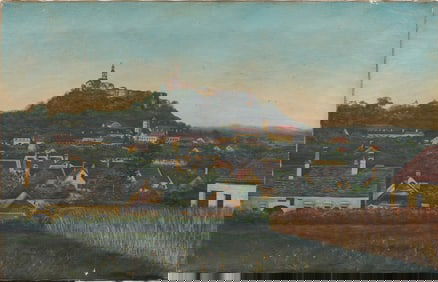 Antique German Landscape "Gussing" Cityscape View Original Oil Painting