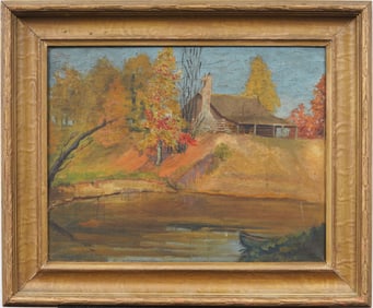 Antique American Midwest Lake Retreat Framed Impressionist Landscape Oil Painting