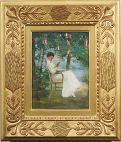 Antique American Impressionist Finely Painted Wide Gold Frame Society Portrait Oil Painting Signed