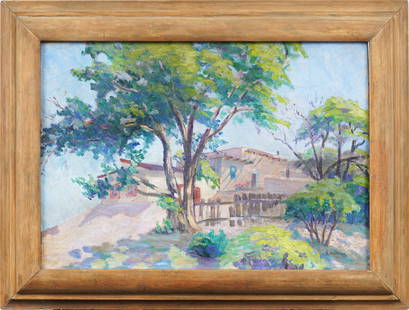 Alma Munson Signed 1924 Antique American Impressionist Santa Fe, New Mexico Original Oil Painting: Antique American oil painting. Oil on board. Signed. Framed. Measuring: 19 by 25 inches overall, and 14.25 by 20 painting alone. Please see all images for condition. Size is measured and written on th