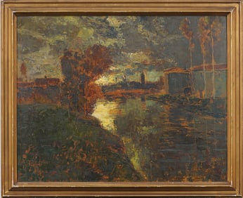 Antique American or European Impressionist Sunset River Landscape Framed Original Oil Painting