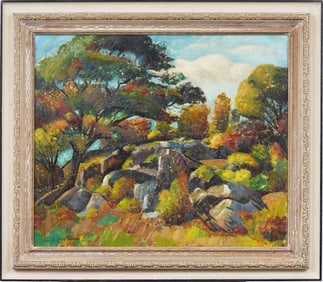 George L Constantine Antique Greek American Impressionist Fall Landscape Framed Oil Painting