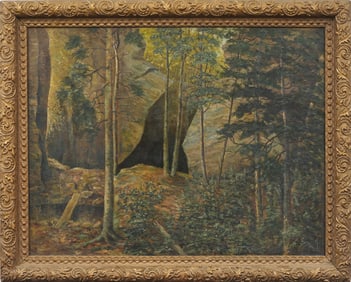 Antique American 19th Century Forest Interior Landscape Framed Original Oil Painting