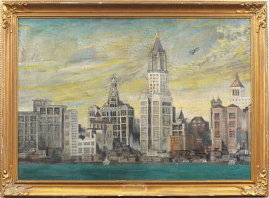 Large Antique American Modernist New York City Harbor Cityscape Framed Original Oil Painting