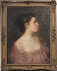 Antique American Impressionist Framed Elegant Young Woman Portrait Oil Painting
