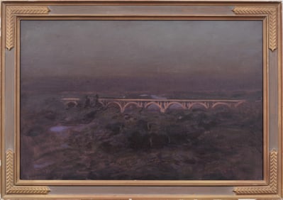 Antique American Impressionist Framed Luminous Sunset Bridge Landscape Original Oil Painting