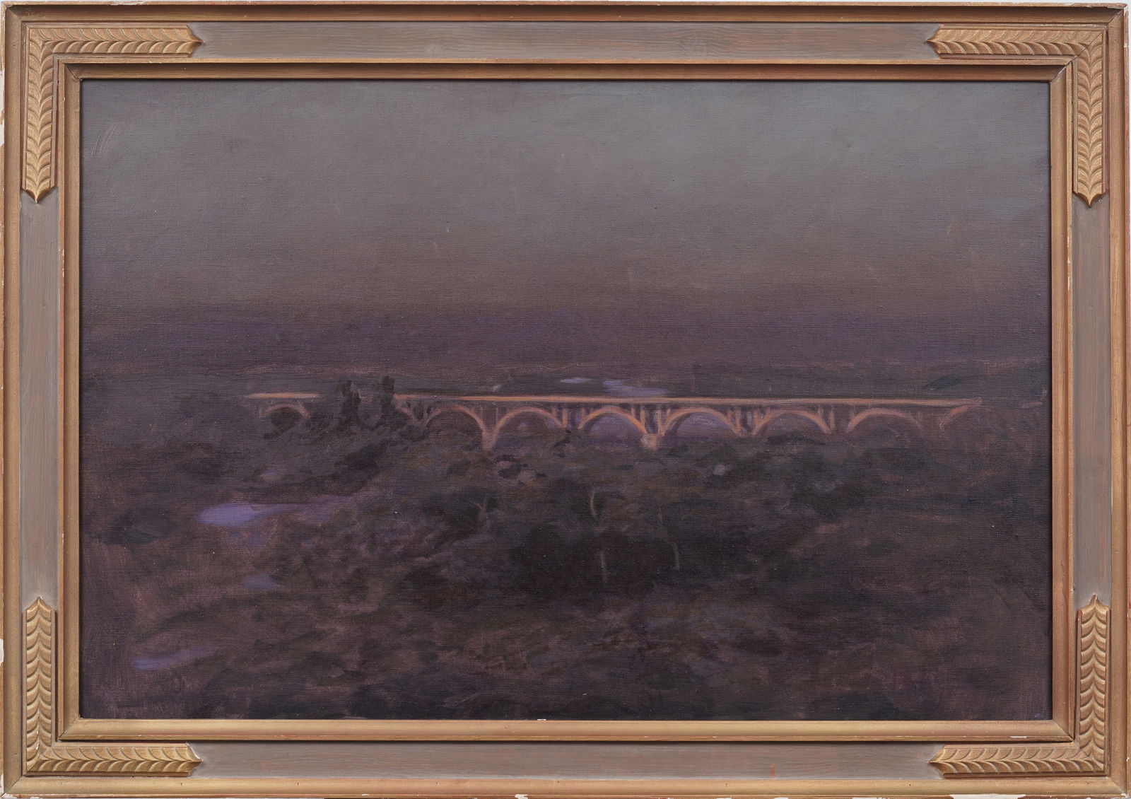 Antique American Impressionist Framed Luminous Sunset Bridge Landscape Original Oil Painting (1 of 5)