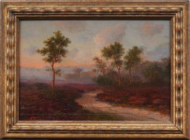 Antique European Impressionist Signed Sunset Framed Landscape Oil Painting