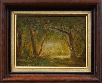 Antique American Forest Interior Framed Landscape Oil Painting
