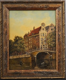 Antique European Dutch Canal Signed Framed Cityscape Oil Painting