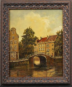Antique European Dutch Canal Signed Framed Cityscape Oil Painting