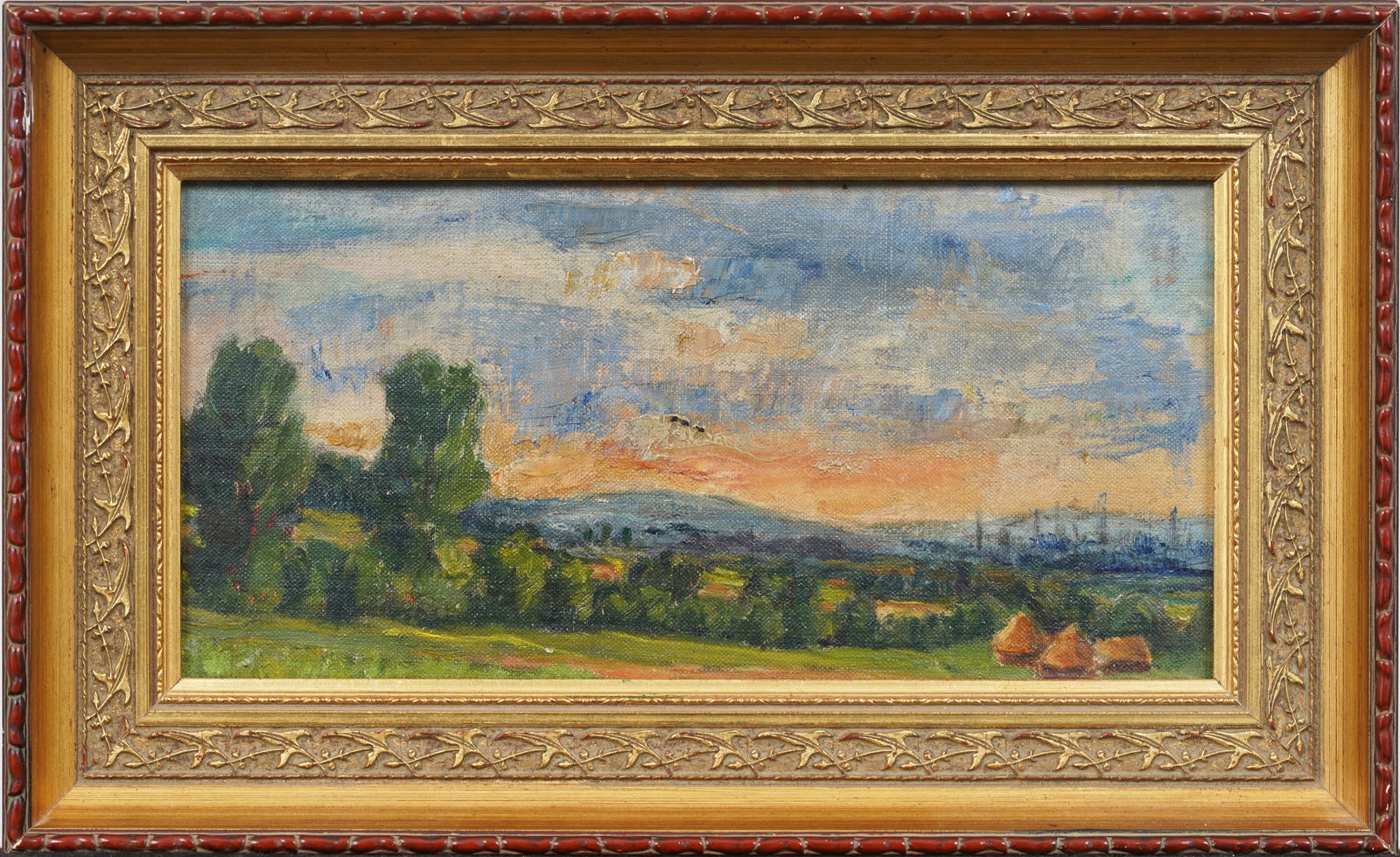 Vintage European Impressionist Sunset Landscape Original Oil Painting: Antique European landscape oil painting. Oil on canvas, lain to board. Signed verso. Framed. Measuring: 8 by 13 inches overall, and 5.25 by 10.25 painting alone. Please see all images for condition. S