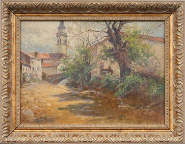 Antique European Framed Original Town Cityscape Signed Oil Painting