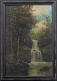 Jay Carrol Antique American Signed Waterfall Landscape Framed Original Oil Painting