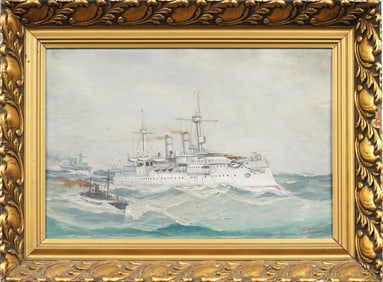 Antique European Navy Seascape Framed Original Oil Painting