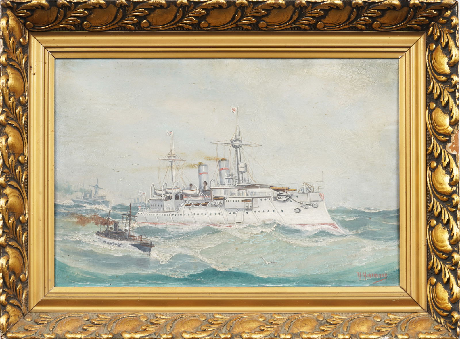 Antique European Navy Seascape Framed  Original Oil Painting (1 of 6)