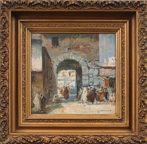 Antique Orientalist Street Scene Framed Signed Oil Painting