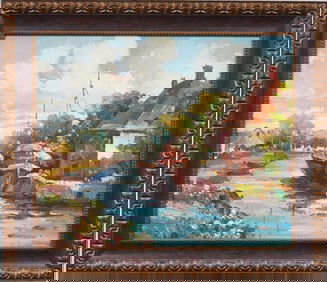 Large Antique European Impressionist Framed Landscape Oil Painting
